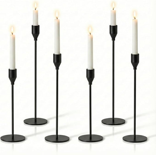 Solid Iron Taper Candle Holders Set of 6 - Modern Matte Black Candlesticks (9/11/13 Inch), Weighted & Rust-Proof Metal Candle Stand for Fireplace Table Centerpiece