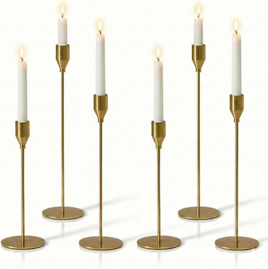 Solid Taper Candle Holders Set of 6, Vintage Brass Long Skinny Candlestick (Heights: 9/11/13 Inch), Heavy Iron Anti-Slip Base for Fireplace Mantle Table Centerpiece Wedding Decor