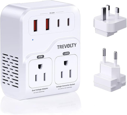 2000W Voltage Converter US to Europe for Hair Dryers, 7-in-1 220V to 110V Converter for European Travel with 3 AC/2 USBA/2 USBC Ports (PD20W), Universal Travel Adapter with Type C G Plug