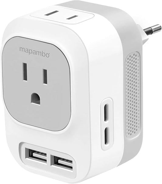 Mapambo Voltage Converter US to Europe Travel: International Universal Travel Adapter with Fast Charging 2 USB-A 2 USB-C Port Worldwide Power Converters Plug Combo for Spain Italy (White)