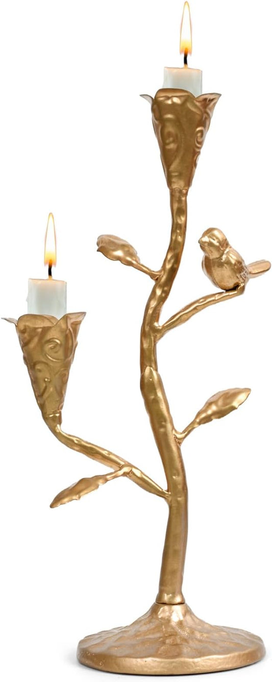 Gold Candelabra with Flowers and Bird for Farmhouse Decor, Vintage Metal Candlestick Holders for Dinner Room Table Centerpiece Decorative, Iron Candle Holder for Mantel Wedding Party Decor