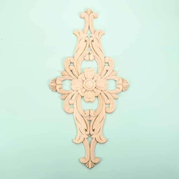 MUXSAM Wood Carved Appliques Furniture Decorative Onlays, 1Pc Unpainted DIY Center Carving Decal for Door Wall Ceiling Cabinet Dresser Mirror Bed Mantel Bench Decoration, 40x20cm/15.75"x7.87"