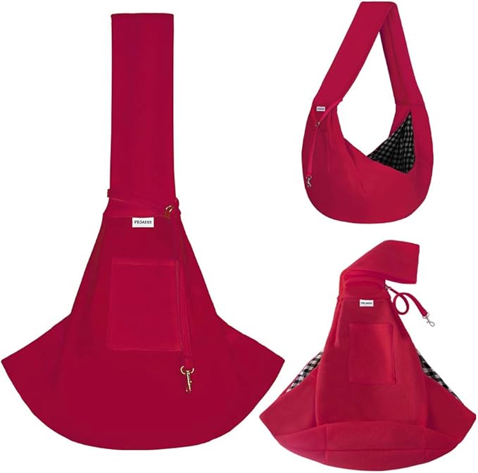 FDJASGY Small Pet Sling Carrier-Hands Free Reversible Pet Papoose Bag Tote Bag with a Pocket Safety Belt Dog Cat for Outdoor Travel (Red)