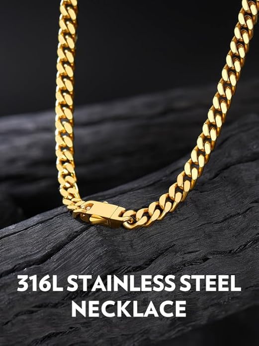 Bandmax Mens Stainless Steel Chain Necklaces 5/7/9/12MM Chunky Miami Cuban Link Chain Necklace Bracelet Silver/Gold Plated/Black Chains for Men 18"-30"