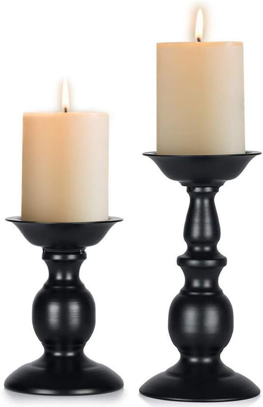 Nuptio Black Candle Holder for Pillar Candles - 2 Pcs Rustic Candle Holders Set Metal Candle Stand Tall Retro Fall Pillar Candleholder for Halloween Easter Farmhouse Fireplace Home Table Centerpiece