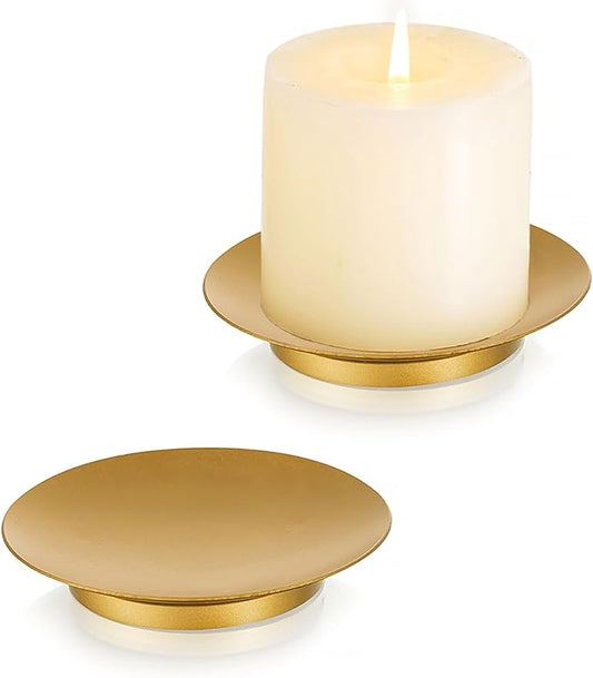 Romadedi Iron Plate Candle Holder - Gold Candle Holders for Pillar Candles, Set of 2 Small Candle Tray Pillar Candle Holder Plate Metal Candle Stand for Coffee Table Decor, Wedding, Party, Home Decor