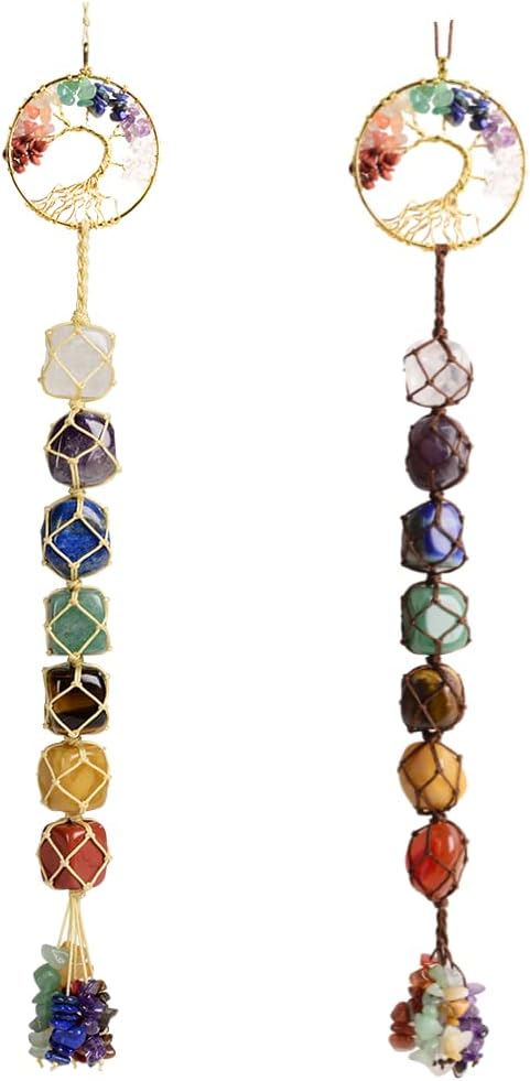 2 Pieces of 7 Chakras Healing Crystals and Tree of Life Wall Hanger Tumbled Gemstones Meditation Hanging Ornament Christmas Tree Memorial Hanging Pendant (Style 2)