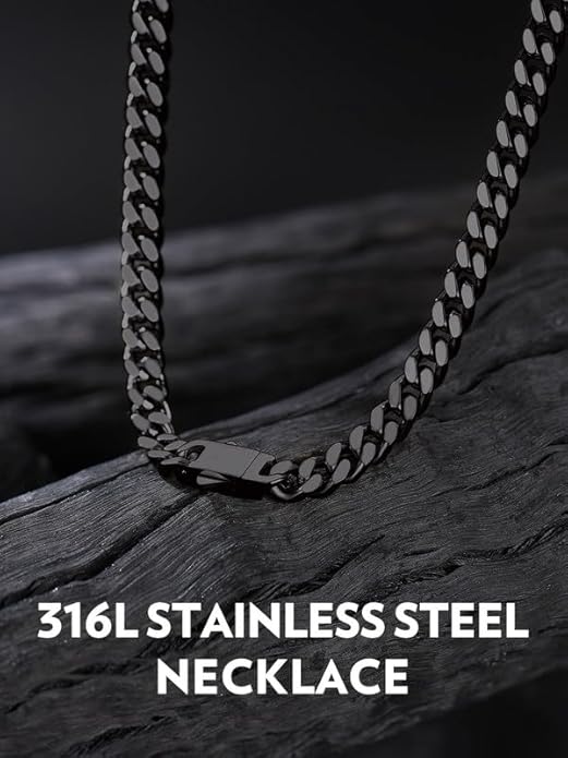 Bandmax Mens Stainless Steel Chain Necklaces 5/7/9/12MM Chunky Miami Cuban Link Chain Necklace Bracelet Silver/Gold Plated/Black Chains for Men 18"-30"