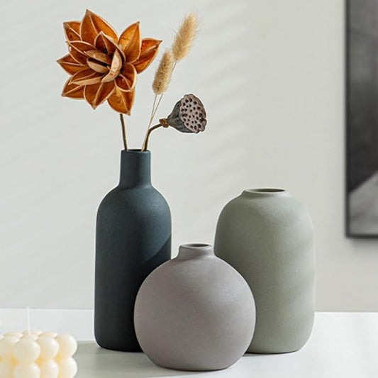 Ceramic Vase Set of 3 - Small Modern Minimalist Ceramic Bud Vases for Home Decor - Boho Aesthetic Flower Vases for Desk, Shelf & Table, Mantle, Bookshelf (Cute & Versatile) (Neutral Mix)