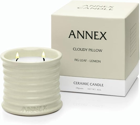 Annex Fig Leaf & Lemon Luxury Scented Candle - 8oz Handmade Beige Ceramic Jar Candle - 50hr Clean Burn, 100% Non-Toxic Soy Wax, Home Fragrance, Aesthetic Decor Gift for Men Women - Amber & Sandalwood