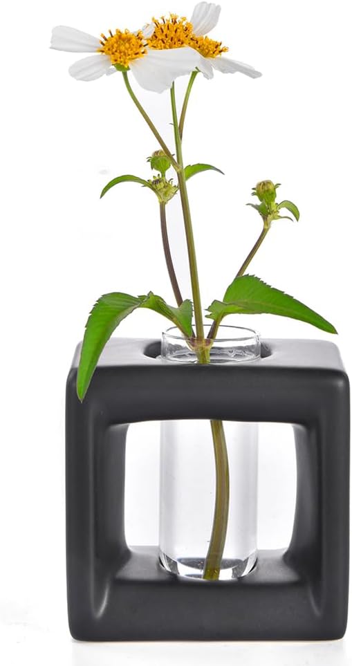 ORGJ Matte-Black Propagator Plant Vase - 2-in-1 Modular Propagation Tubes & Aroma Diffuser with Test Tube Rack System, Industrial Water Propagation Station for Herb Cuttings, Geometric Ceramic Decor