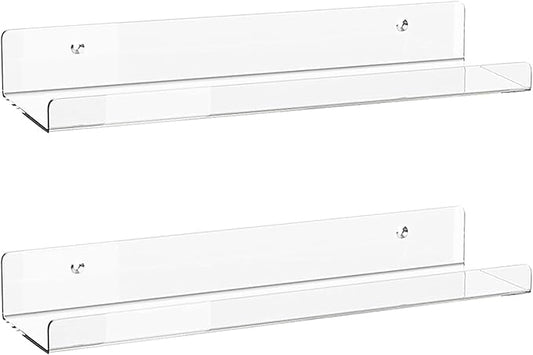 Albumgit 2 Pack Acrylic Shelves for Wall Storage, Self-Adhesive 15" Clear Floating Shelf for Figures, Photo, Makeup, Book, Wall Mounted Shelves for Bathroom, Living Room, Bedroom, Kitchen