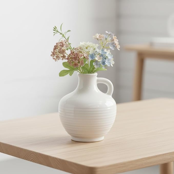 Sunddo White Ceramic Vase 6 Inch - Small Modern Flower Vase for Home Decor, Decorative Vases with Handle, Boho & Minimalist, Living Room Cabinet Table Centerpieces Wedding Beige