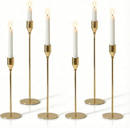 Solid Taper Candle Holders Set of 6, Champagne Gold Long Skinny Candlestick (Heights: 9/11/13 Inch), Heavy Iron Anti-Slip Base for Fireplace Mantle Table Centerpiece Christmas Decor