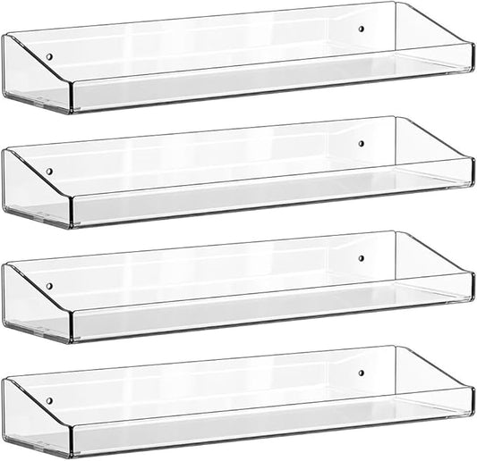 4 Pcs Acrylic Floating Shelves, 15" Wall Mounted Bookshelves Farmhouse Shelves for Display Book Photo Figures Plants, Display Shelf Organizer for Bedroom Living Kitchen Room Storage
