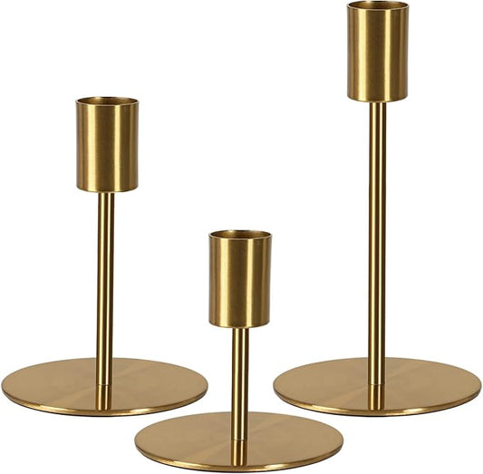 Brass Taper Candle Holders - Set of 3 Antique Brass Finish Candlestick Holder, Modern Rustic Metal Candlestick Holder for Wedding, Dining Table, Party Centerpiece