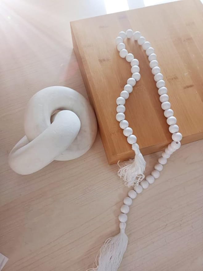 2 Pcs/Set Decorative Chain Link & Knot Decor Wood Bead Garland for Farmhouse Prayer Living Room Coffee Table Desk Shelf Decorations Hand Carved