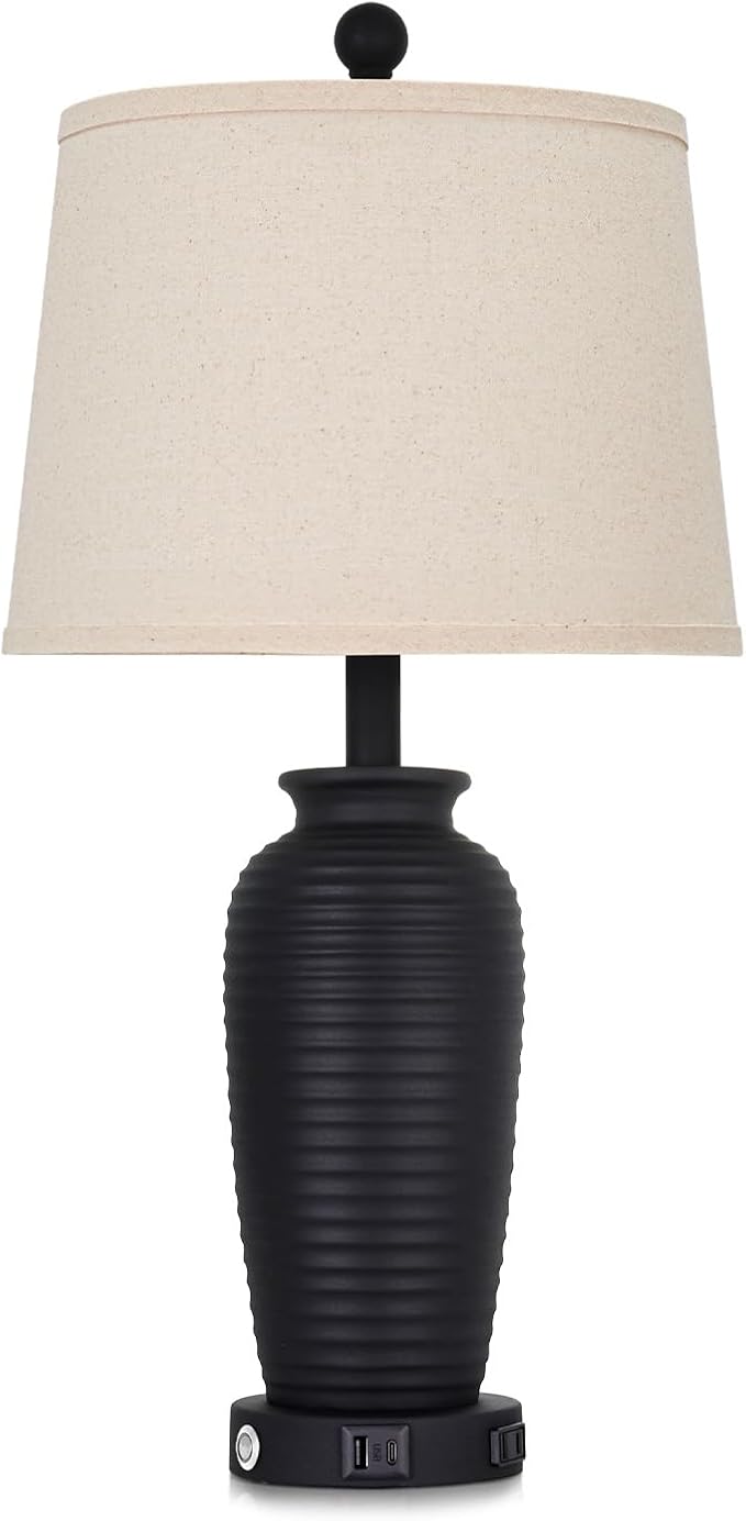 25" Retro Black Farmhouse Jar Table Lamps Set of 2, 3 Way Touch Control Rustic Bedside Lamps with USB A+C Ports & AC Outlet, Pot Nightstand Lamps for Bedroom Living Room (LED Bulbs Included)