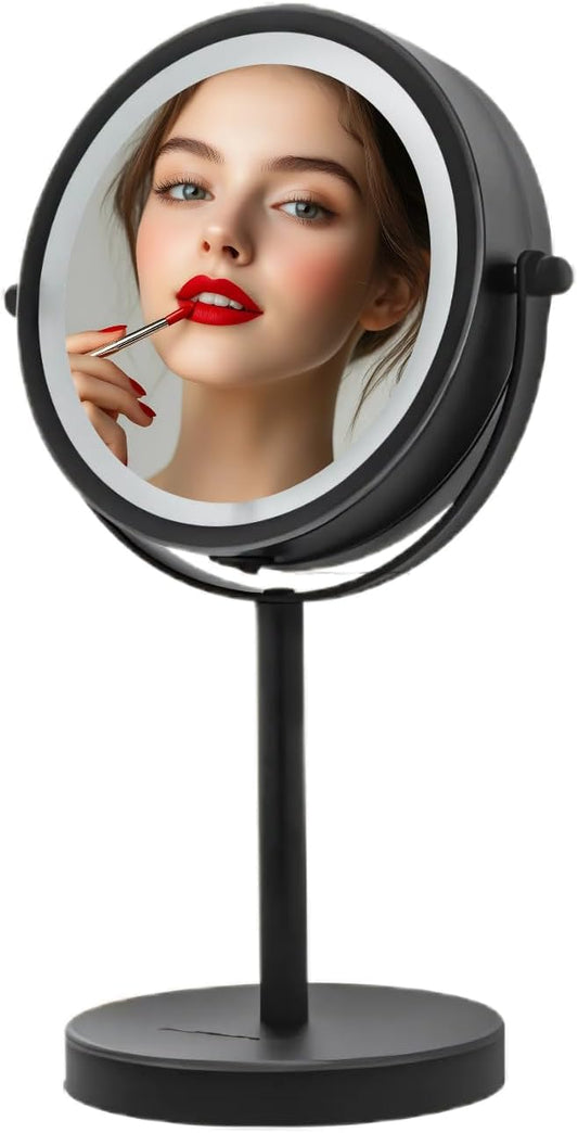 OVENTE 6" Lighted Makeup Mirror with 1X/7X Magnification, Cordless Tabletop Mount Vanity Round Mirror with 360° Swivel Design and Double Sided Cool Tone LED Ring Light, Matte Black MLT60B1X7X