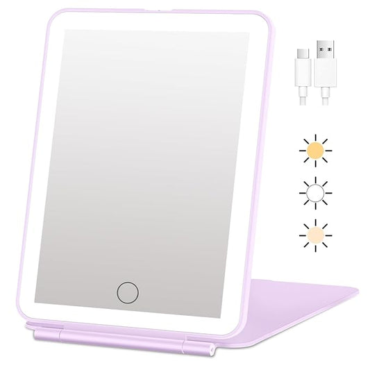 FUNTOUCH Rechargeable Travel Makeup Mirror Lights, Portable 72 Led Lighted Makeup Mirror, 3 Color Lighting, Dimmable Touch Screen, Type C, Tabletop LED Folding Cosmetic Vanity Mirror-Purple