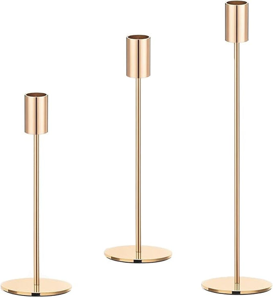 Set of 3 Gold Taper Candle Holders, Metal Gold Candlestick Holders, Tall Candle Holder, Fits 3/4 inch Thick Candle&Led Candles, for Table Centerpiece, Wedding, Dinning, Party Home Decor