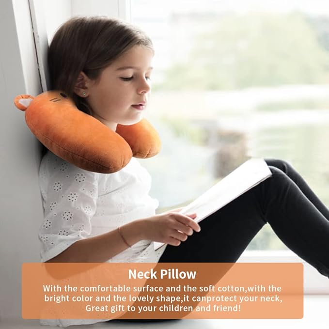 EKDJKK Travel Pillow for Kids, Cute Animal Neck Pillow Support U Shaped Cushion Plush Soft Rest Reading Pillow Sleeping Pillow for Airplane Train Car (Orange Cat)