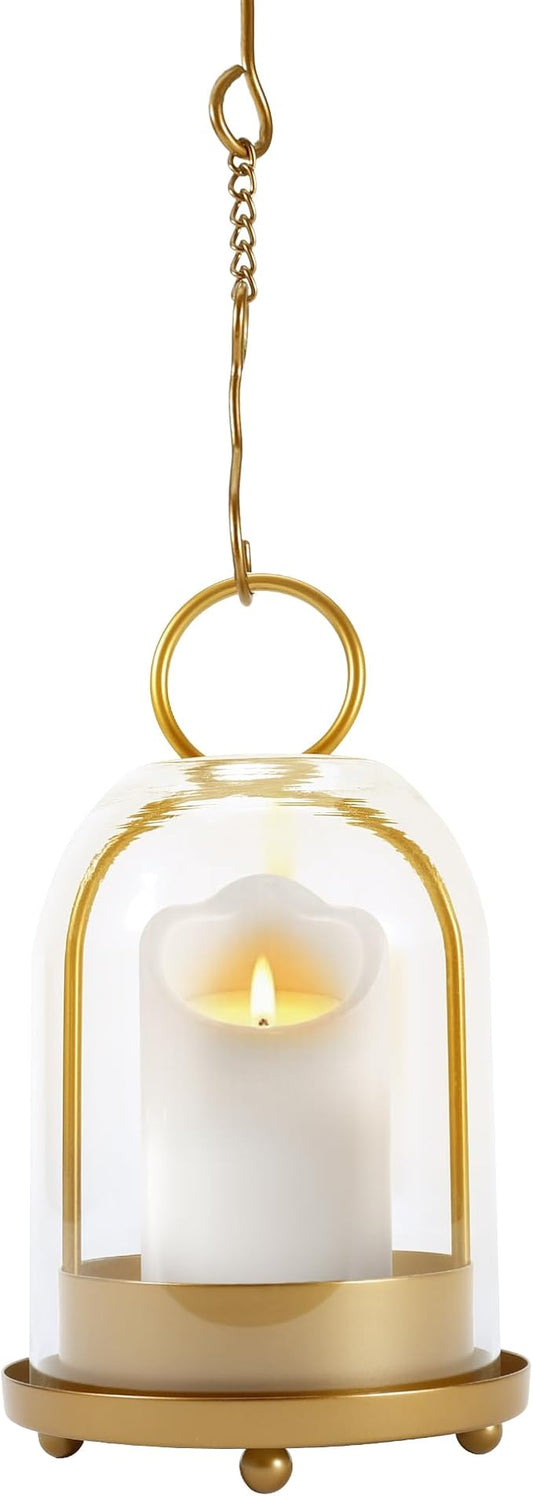 Hurricane Glass Candle Holder, Medium Brass Lanterns Hurricane Candlestick Holder for Pillar Candles Vintage, Gold Metal Rustic Farmhouse Decor with Hook Chains