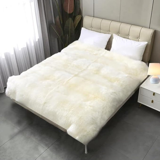 Woolous Large Sheepskin Rug, Genuine New Zealand Sheepskin Wool Mattress Topper or Soft Fluffy Ivory Shaggy Area Carpet for Bedroom, Living Room, 6.5 x 6.5 ft