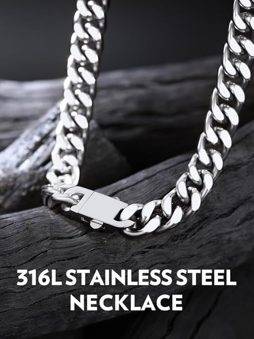 Bandmax Mens Stainless Steel Chain Necklaces 5/7/9/12MM Chunky Miami Cuban Link Chain Necklace Bracelet Silver/Gold Plated/Black Chains for Men 18"-30"