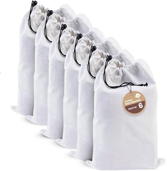 LFH Cotton Rich Shoe Storage Bags with Drawstring, Dustproof Breathable Reusable Organizer, Perfect For Travel, Dorm, Hotel, College, Gym, Easy to Carry, Machine Washable 12"x17" (Pack of 6) - White