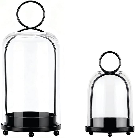 6" & 4" Wide Versatile Modern Metal Hurricane Lantern with Handmade Sturdy Glass Dome in Black for Pillar Candle & Plants, for Living Room, Porch, Mantel Decoration (Black, 4"x7.5" &6.3"x11.2")