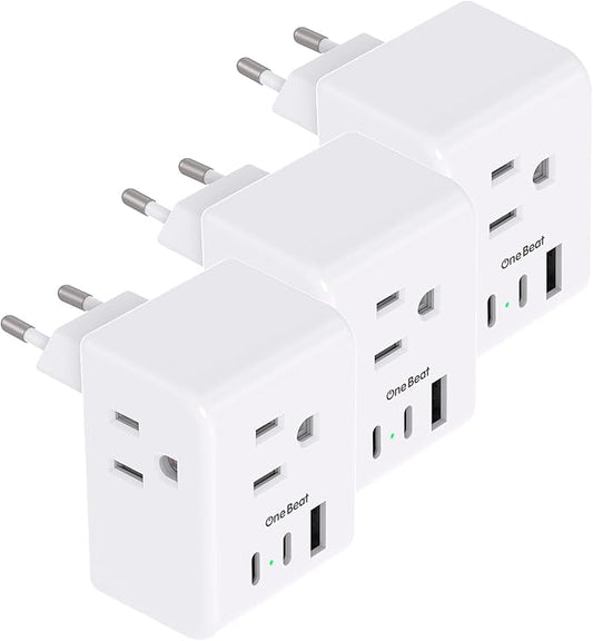 3 Pack European Travel Plug Adapter, One Beat International Power Plug Adapter with 3 Outlets 3 USB Ports(2 USB C), Type C Adapter Travel Essentials for US to Most Europe EU Italy France Germany Spain