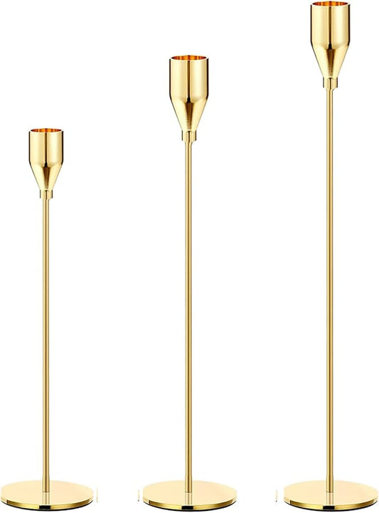 Delicate Light Gold Candlestick Holders of 3 PCS Taper Candle Stick Holders for 3/4" Taper&Led Candle, Elegant Candle Holder for Table Centerpiece/Wedding/Party/Dinning/Anniversary/Decor