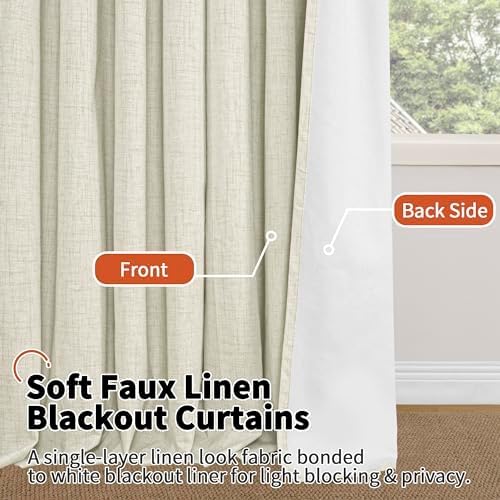 Lajode Blackout Curtains 54 Inch Length 2 Panels for Bedroom, Thermal Insulated Total Light Blocking Noise Reducing Linen Window Curtains for Farmhouse, Bronze Grommet, Natural, Each 52" Wide