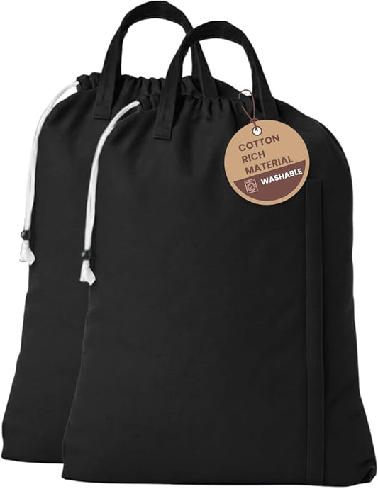LFH Home Large Premium Cotton Canvas Laundry Bag with Drawstring and Handles Heavy Duty, Multi-Use, and Washable for Home, Travel, College or Storage 24x36 (Pack of 2)-Black
