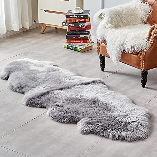 HUAHOO Premium Genuine Sheepskin Rug Grey Real Australia Sheepskin Natural Luxury Fluffy Lambskin Fur Area Rug for Kids Bedroom Sofa Chair Cover Pets Dogs Mat Double Pelt/2' x 6' Silver Grey