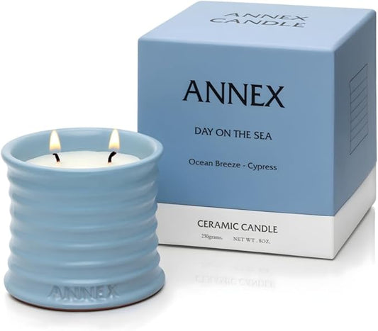Annex Sea Breeze and Cypress Balls Luxury Scented Candle - 8oz Handmade Blue Ceramic Jar Candle, 50hr Clean Burn, 100% Non Toxic Soy Wax, Aesthetic Home Decor Gift for Men and Women - Sandalwood & Oud