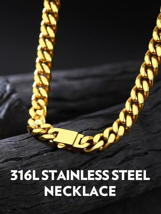 Bandmax Mens Stainless Steel Chain Necklaces 5/7/9/12MM Chunky Miami Cuban Link Chain Necklace Bracelet Silver/Gold Plated/Black Chains for Men 18"-30"