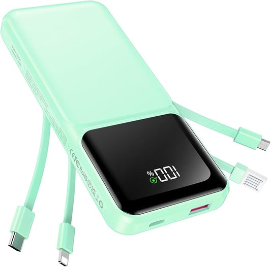 Portable Charger with Built in Cable -20000mAh Fast Charging Power Bank USB C Slim 22.5W LED Display Battery Pack 5 Outputs & 3 Inputs for Travel Essentials iPhone Samsung Phones Cyan