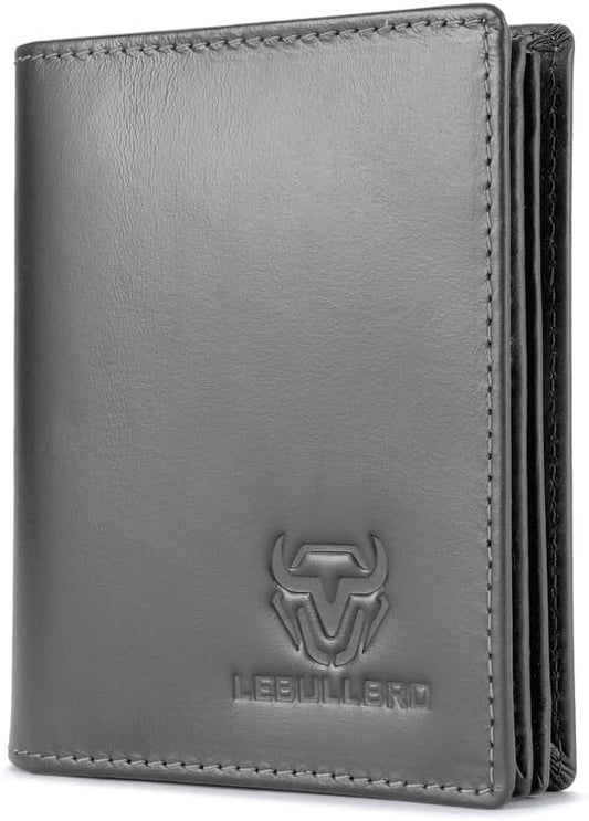 LEBULLBRO Genuine Leather Bifold Wallet RFID Blocking Wallet Large Capacity Purse Credit Card Holder for Men with 15 Card Slots (Grey)