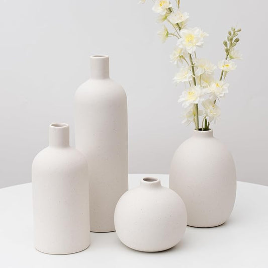 Ceramic Vase Set of 4, Modern Minimalist Colors Home Decor, White Decorative Flowers Vases for Bouquet, Pampas | Table Mantel Centerpiece Bookshelf Living Room Bedroom (White Set of 4)