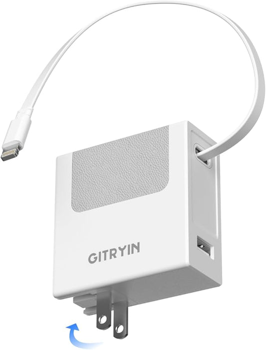 Gitryin Portable Charger Block, Retractable Wall Charger, 40W PD Fast Charging Block with 33.5in Lightning Cable, Power Adapter with Foldable Plug for iPhone14/13/12, White