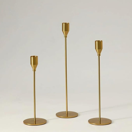 Solid Taper Candle Holders Set of 3, Vintage Brass Long Skinny Candlestick (Heights: 9/11/13 Inch), Heavy Iron Anti-Slip Base for Fireplace Mantle Table Centerpiece Wedding Decor