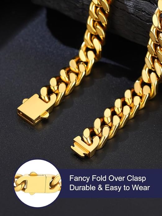 Bandmax Mens Stainless Steel Chain Necklaces 5/7/9/12MM Chunky Miami Cuban Link Chain Necklace Bracelet Silver/Gold Plated/Black Chains for Men 18"-30"