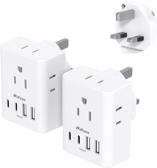 2 Pack US to UK Ireland Travel Plug Adapter, Type G Plug Adapter with 4 Outlets 4 USB Ports (2 USB C), UK Power Adapter for USA to London England Scotland British Kenya Qatar Hongkong