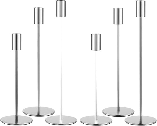 Set of 6 Silver Taper Candle Holders, Metal Silver Candlestick Holders, Tall Candle Holder, Fits 3/4 inch Thick Candle&Led Candles, for Table Centerpiece, Wedding, Dinning, Party Home Decor