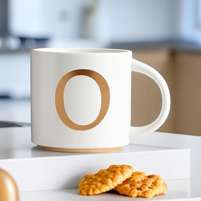 COLLECTIVE HOME - Monogram Ceramic Mugs, 15 oz Golden Initial Coffee Cups, Elegant Alphabet Tea Mugs, Elegant Personalized Mug with Gift Box, Unique Mug with Double Side Capital Letter (O)