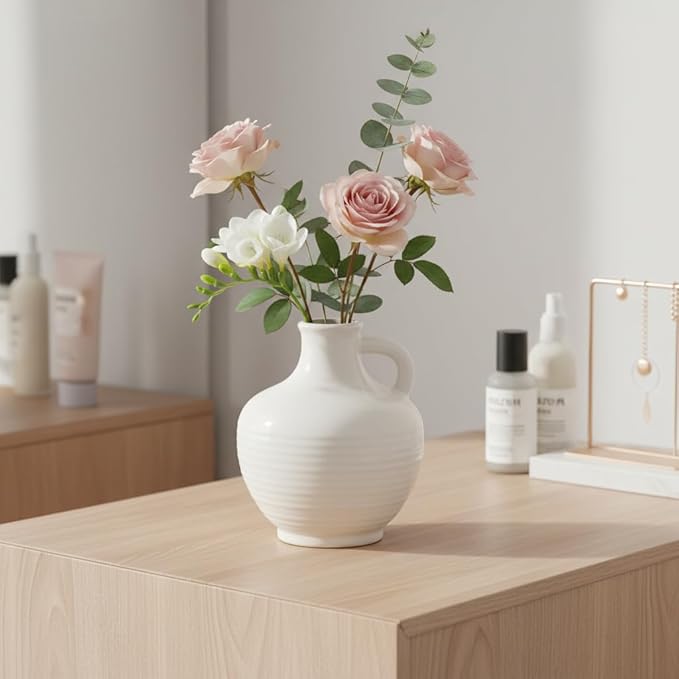 Sunddo White Ceramic Vase 6 Inch - Small Modern Flower Vase for Home Decor, Decorative Vases with Handle, Boho & Minimalist, Living Room Cabinet Table Centerpieces Wedding Beige