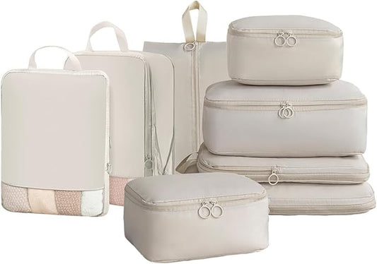 8-Piece Travel Compression Packing Cubes Set - Luggage Organizers for Suitcases - Space Saving Storage Bags for Clothes Travel Essentials (Beige)