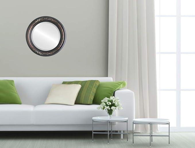 OVALCREST Round Beveled Wall Mirror for Home Decor - Florence Style - Vintage Walnut - 22x22 Outside Dimensions